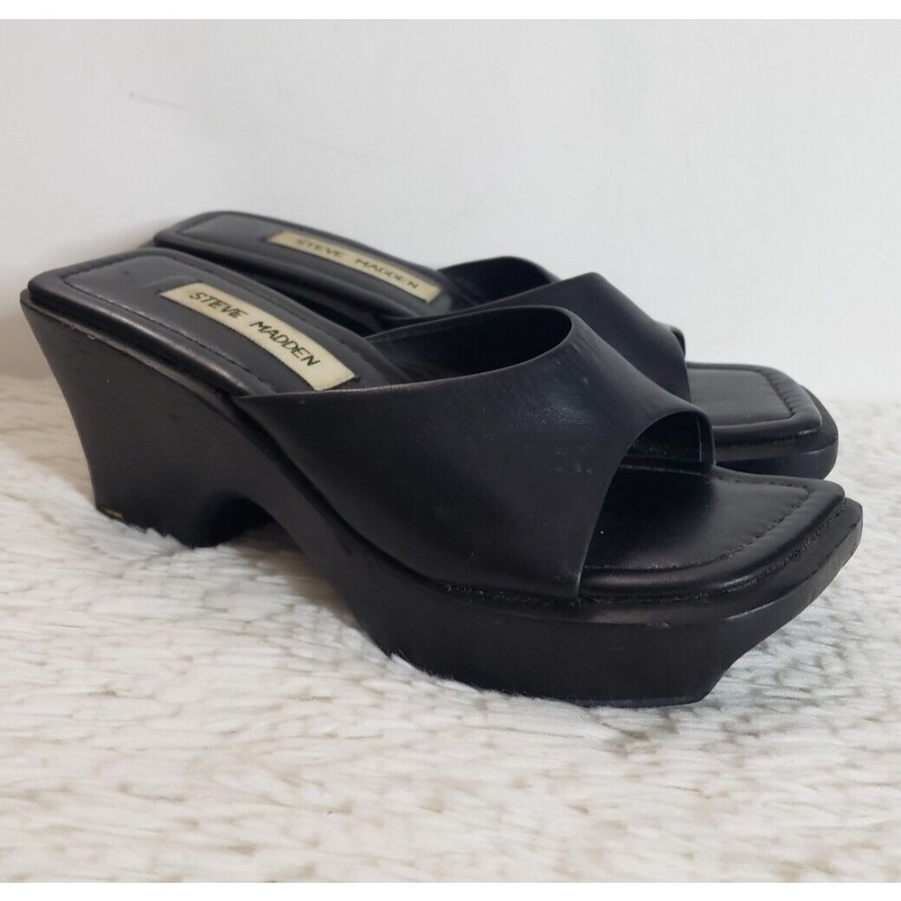 Vtg Steve Madden Sz 6 Y2K Chunky Slip On Wooden Block Heel Sandals Black Shoes